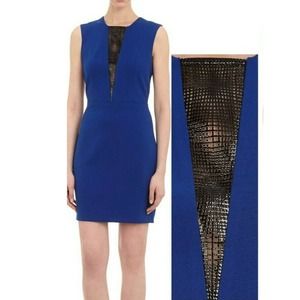 Mason XO Royal Blue black laser‎ cut leather mesh sheath dress 6